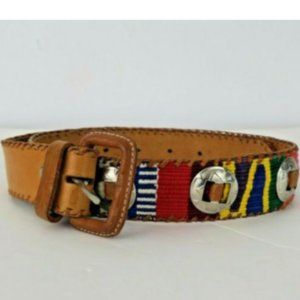 Boho VTG Cotton Woven Fabric Leather Belt small